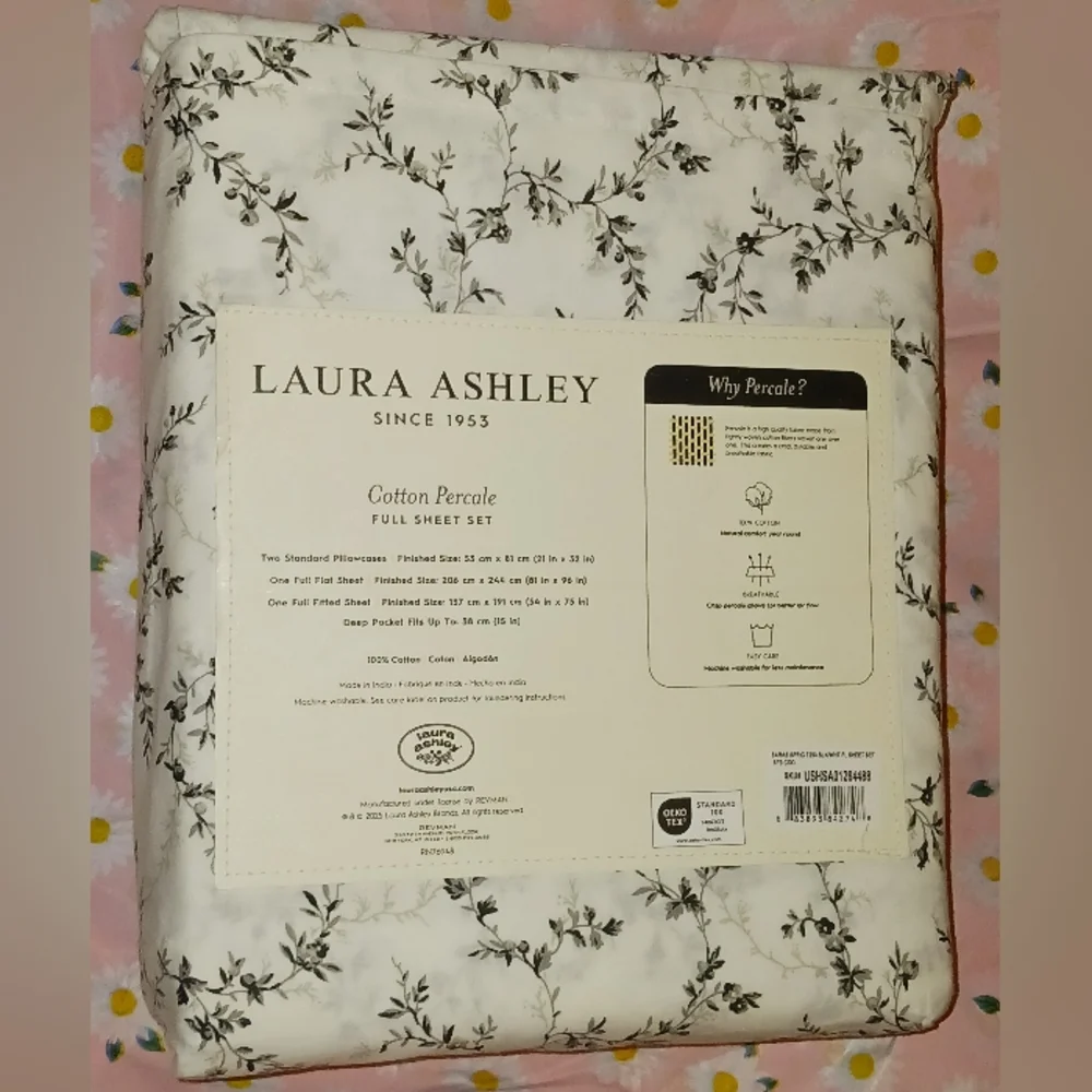 Laura Ashley Saras Sprig Black & White Floral Cotton Percale Sheet Set
